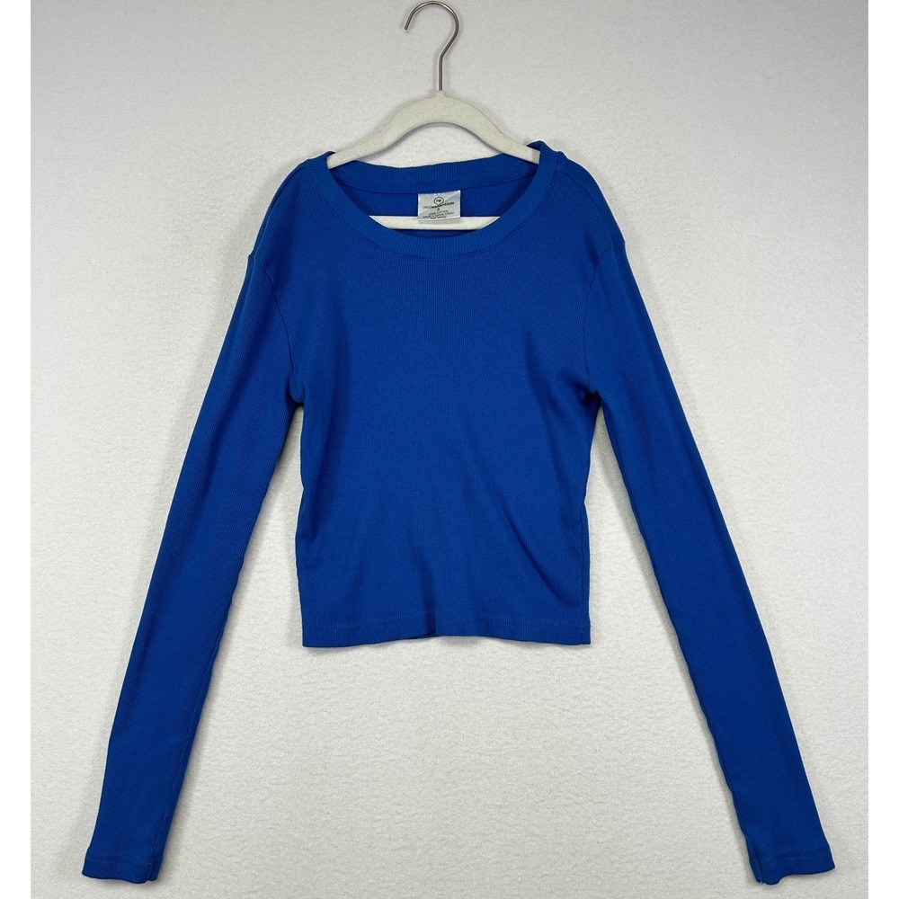 Minimalist Real Essentials Womens Small Royal Blue Ribbed Long‎ Sleeve Crop Top